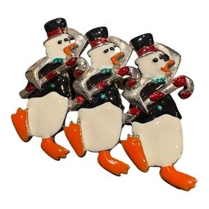 Vintage Snowman Duck Trio Brooch Christmas Enamel Holiday Pin J23